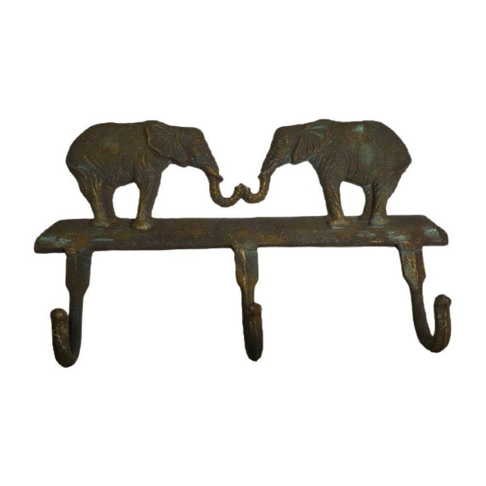 Vintage Pair Elephant Door Wall Hook Jacket Key Hanger Trunks Brass Green Patina